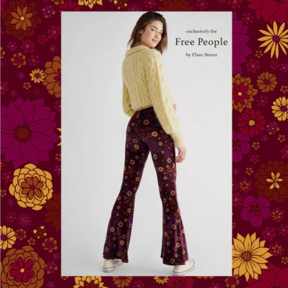 Free People x Flare Street Velvet Montana Flare Pants Burgundy Wine Mustard M
